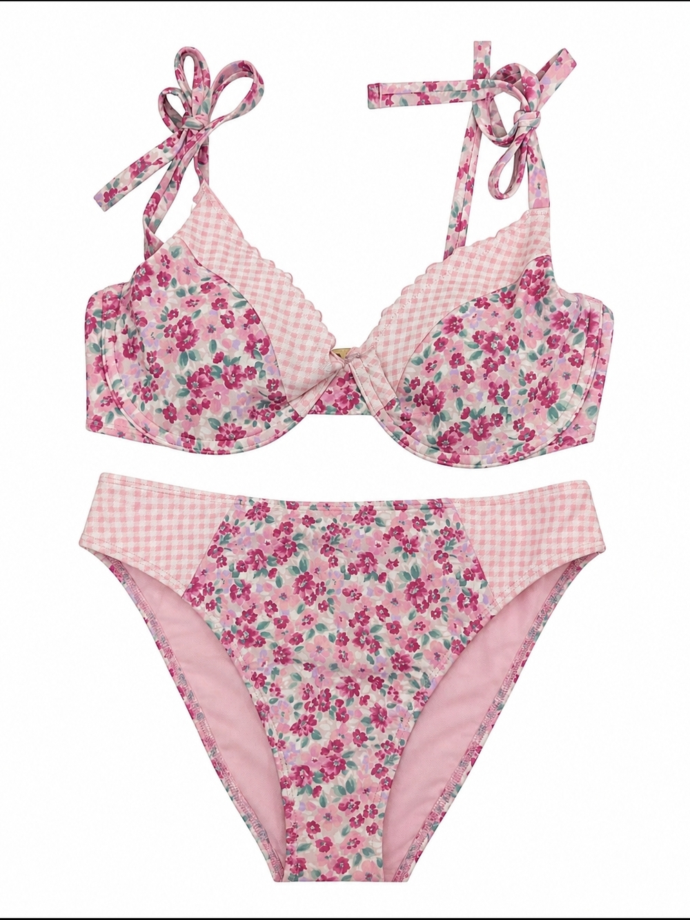 Hollister Curvy Swim Set Medium Pink Floral Gingham Underwire Top 36D 36DD 34F